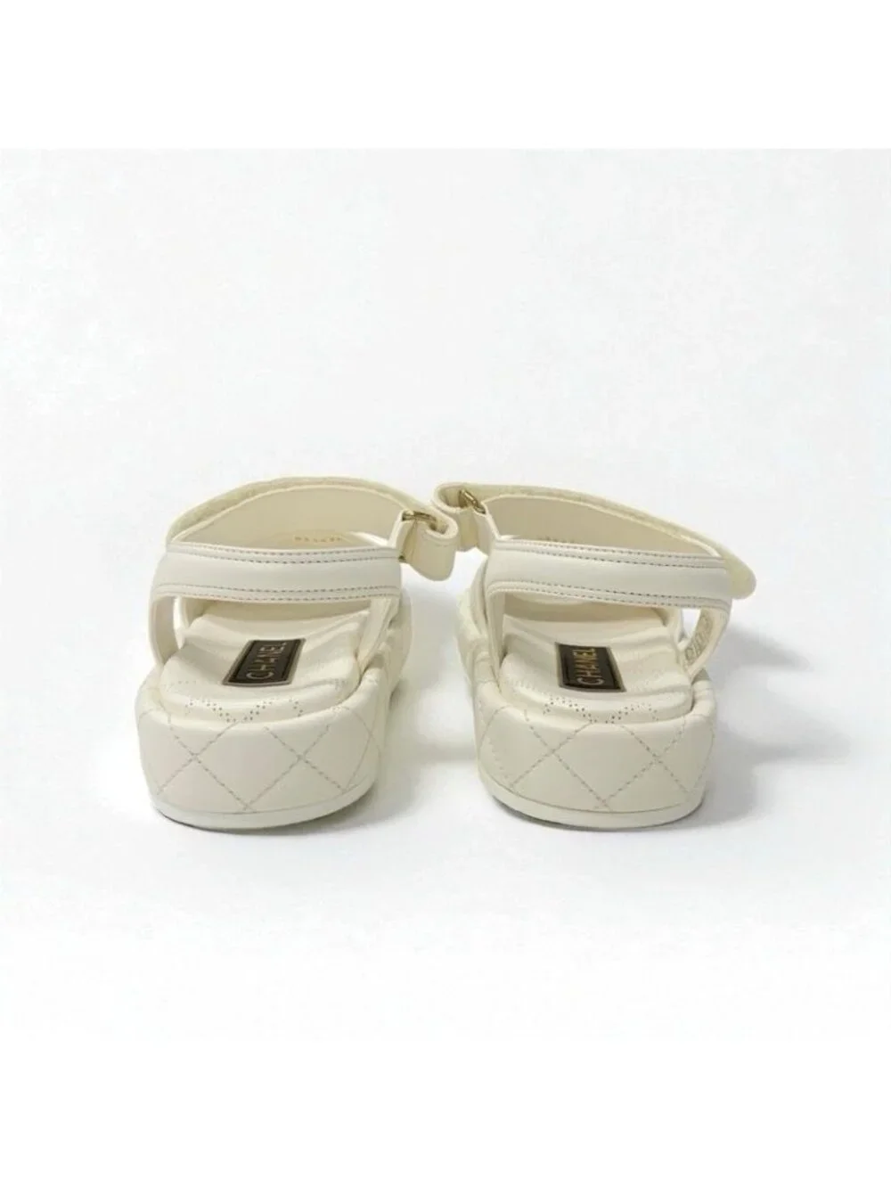 Chanel Sandals Shoes Leather White Gold Quilted Coco Mark Logo Velcro - Picture 5 of 10